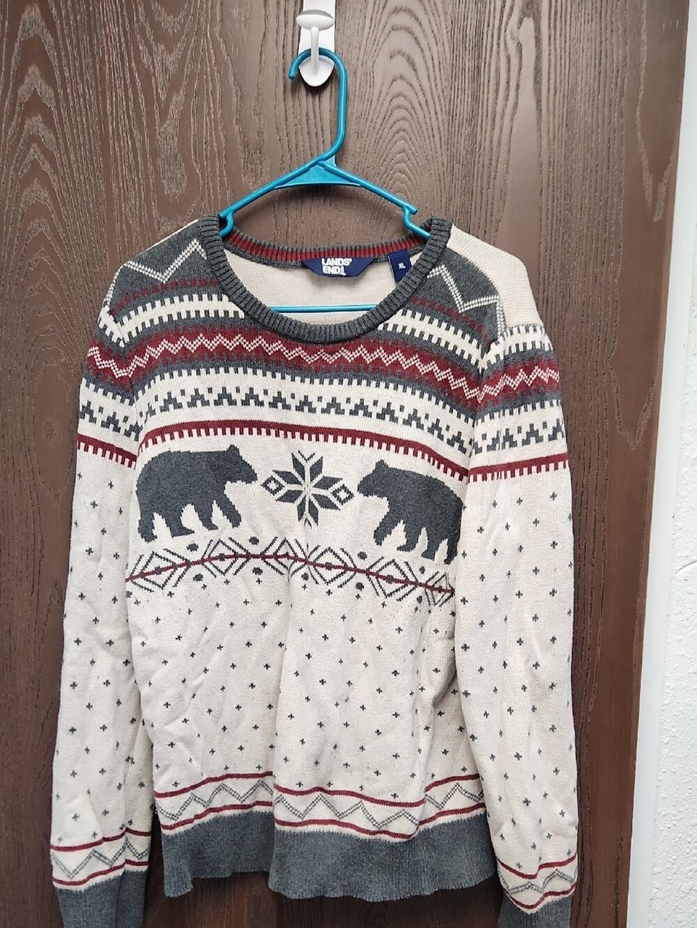 Lands' End Beige Crewneck Sweater with Gray and Red Fair Isle